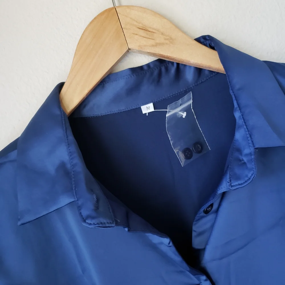 Sapphire Blue Long Sleeve Button Down Satin Effect Mini Dress - Picture 9 of 16